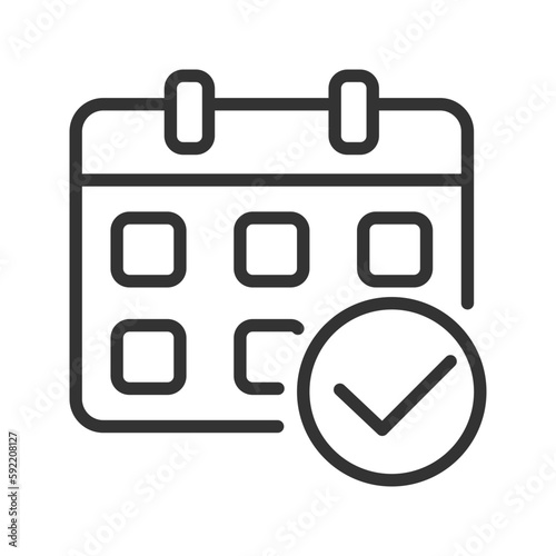 Calendar with check mark pixel perfect linear icon. Organizer management. Confirm appointment date. Thin line illustration. Contour symbol. Vector outline drawing. Editable stroke. Arial font used