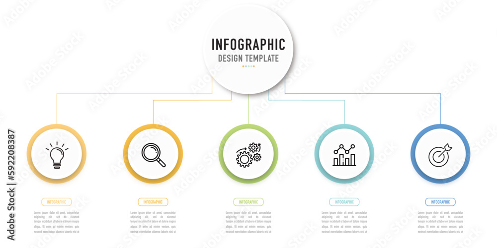 Circular mind map infographic template or element with 5 step, process, option, colorful circle, thin line, icons, fishbone, paper cut origami, linear, 3D tag for sale slide, internet, brochure, web Circular mind map infographic template or element with 5 step, process, option, colorful circle, thin line, icons, fishbone, paper cut origami, linear, 3D tag for sale slide, internet, brochure, web