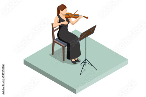 Isometric violinist. Woman playing the violin. Classical stringed musical instrument. Brown violin and bow. Music stand with notes.