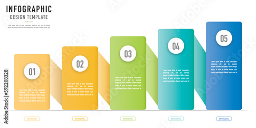 Funnel, 3D paper origami or ribbon infographic template or element with 5 step, process, option, colorful rectangle, rectangular, tag, button, icons, circle, stair, ladder for sale slide, brochure