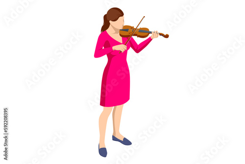 Isometric violinist. Woman playing the violin. Classical stringed musical instrument. Brown violin and bow