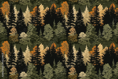 Autumn seamless pattern with firs, pines and other trees. Coniferous forest. illustration of Generative AI.