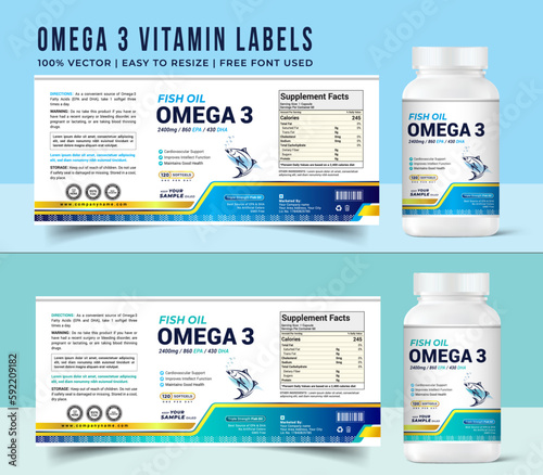 Omega 3 label food supplement vitamin softgel tablet label with fish oil bottle label packaging design creative and modern design with multi vitamin natural vector medicine label daily capsule drug.