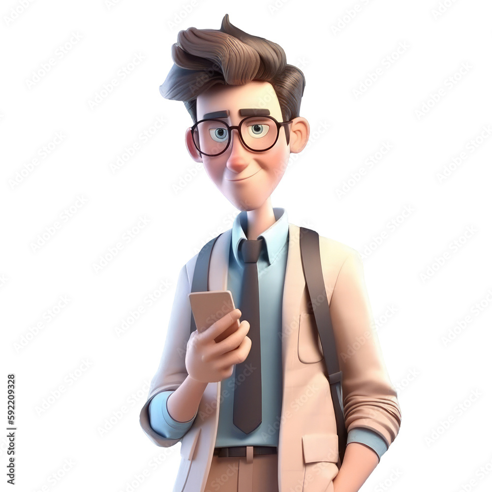 3D icon avatar cartoon hipster character, stylish smiling man with beard with phone, people close up portrait on isolated on transparent png background. Generative ai