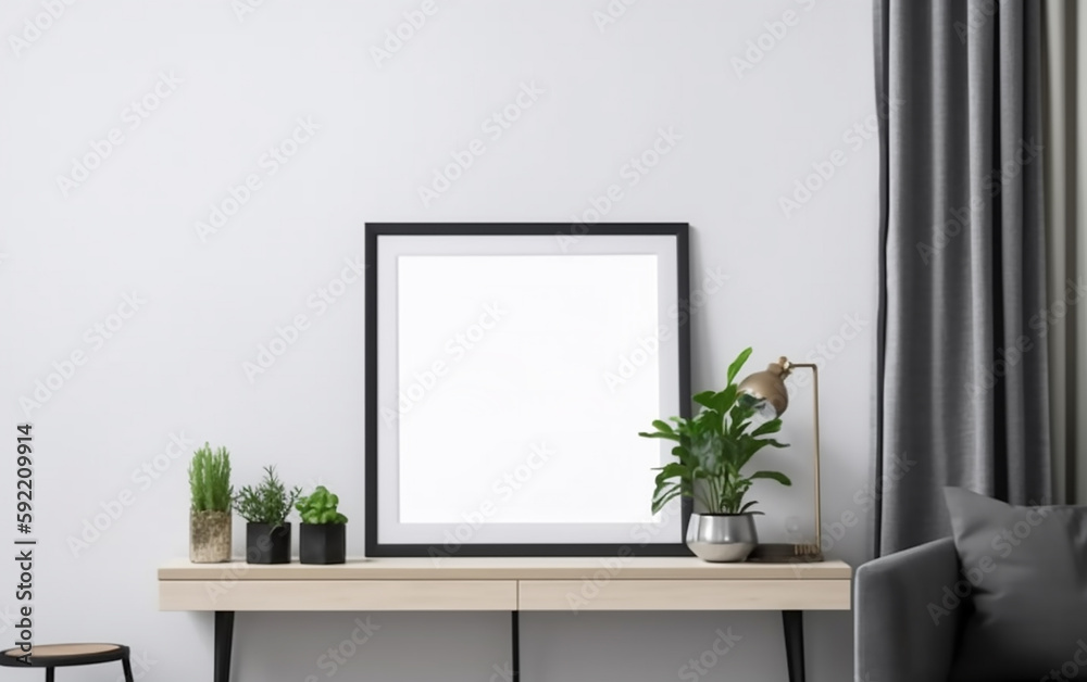 A sleek console table with a black-framed blank canvas, complemented by potted plants, offers a modern touch to a minimalist room. A sleek console table with a black-framed blank canvas, complemented by potted plants, offers a modern touch to a minimalist room.