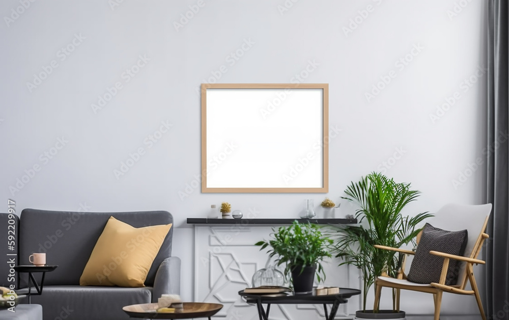 A tranquil living room setup with a golden-framed blank canvas on the wall, accentuated by indoor plants and stylish furniture. A tranquil living room setup with a golden-framed blank canvas on the wall, accentuated by indoor plants and stylish furniture.