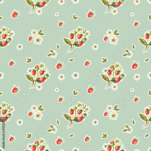 Seamless pattern with watercolor strawberry. Floral illustration of berries and flowers. Herbal background.
Good for wrapping paper, textile, prints and other.