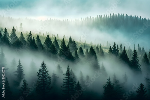 Misty mountains with fir forest in fog. Foggy trees in morning light