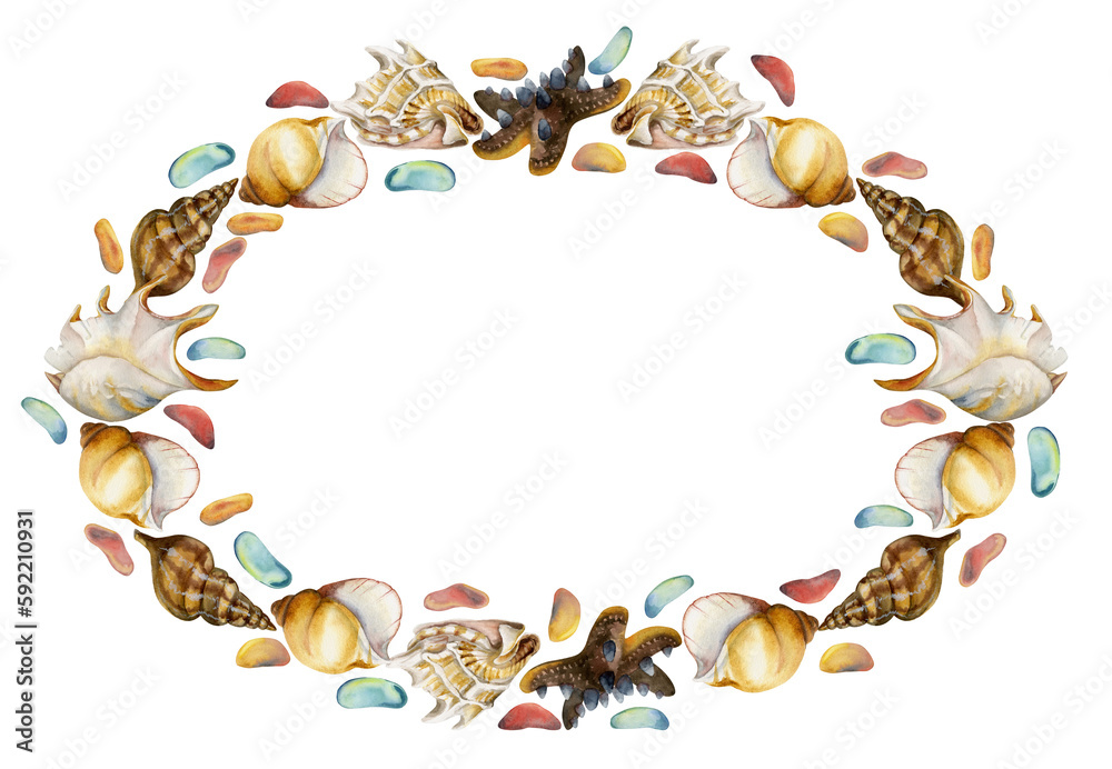 Hand drawn watercolor exotic sea shells and colorful glass, starfish ...