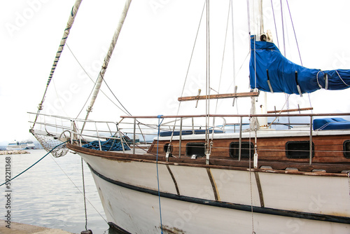 White wooden ship and sea landscape. 