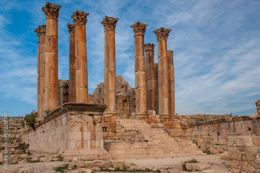 Jordan. Temple of Artemis, built in 150 AD, is beautiful structure. Around temple, 11 out of 12 columns have been preserved. Gerasa (Jerash) is ancient city that is six and half thousand years old.
