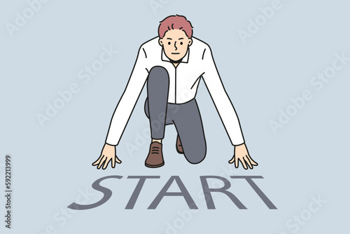 Motivated businessman get ready at start mark on road. Confident male employee prepare for business startup launch or project. Vector illustration. 