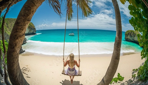 Beautiful girl on swing coconut palms on beach at Daimond beach, Nusa Penida island Bali ,Indonesia Generative AI © Shooting Star Std