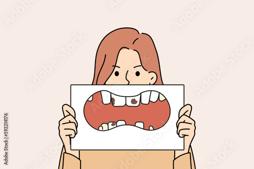 Unhappy woman with placard in hands showing unhealthy teeth. Stressed girl demonstrate teeth decay and caries. Dentistry and oralcare. Vector illustration. 