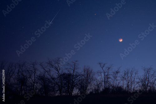 Silhouette of a countryside with Milky Way starry skies and lunar eclipse.