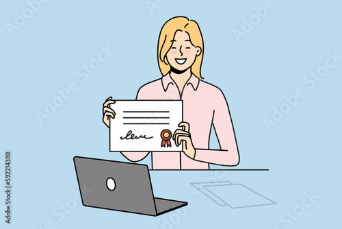 Smiling woman sit at desk study online on computer show certificate or graduation. Happy girl student graduate college or university on internet. Vector illustration. 