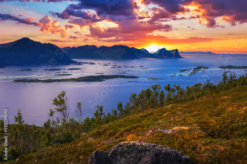 View from the Husfjellet Mountain on Senja Island in northern Norway at sunset