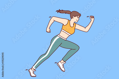 Purposeful woman runner in sportswear overcomes distance wishing to set Olympic record in running. Girl runner does cardio training or competes in sprint marathon to arrive first at finish line 