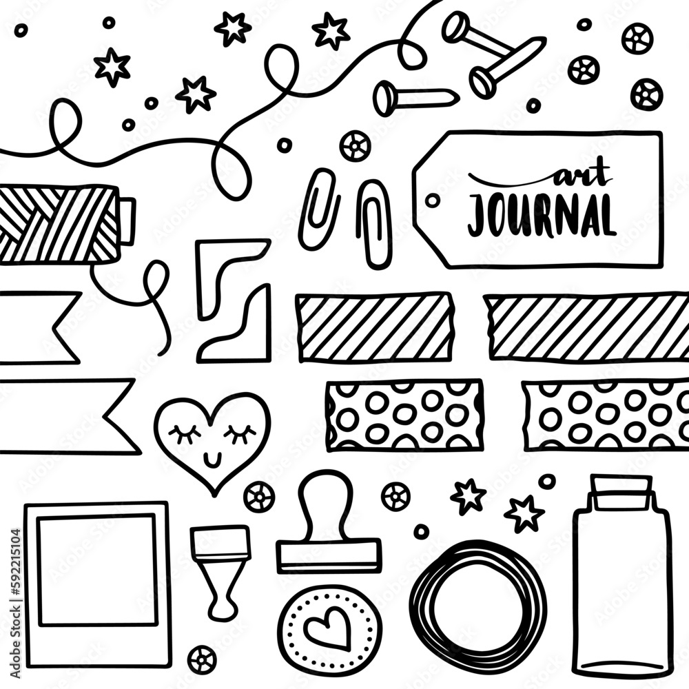 art journal vector scrapbooking decorating set star and round sequins twine washi tape stamp ribbon clips and jar monochrome linear office equipment elements isolated on white background