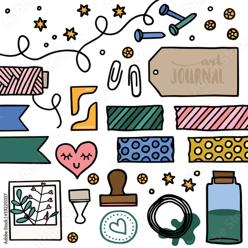 Obraz na płótnie art journal vector scrapbooking decorating set star and round sequins twine washi tape stamp ribbon clips and jar colorful office equipment elements isolated on white background w salonie