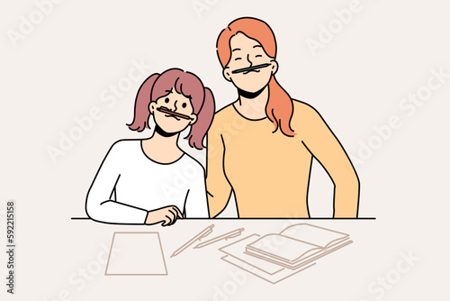 Smiling mother and daughter have fun doing homework together at home. Happy mom and girl child feel playful studying for school. Vector illustration. 