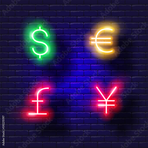 Dollar, euro, yen, pound sign vector neon icon. Finance, money and online banking glowing sign.