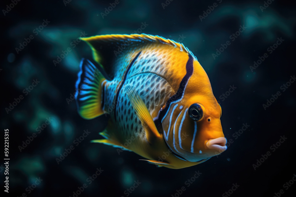 Naklejka premium A colorful fish swimming at the bottom of the sea. Coral reef and fish. Generative AI