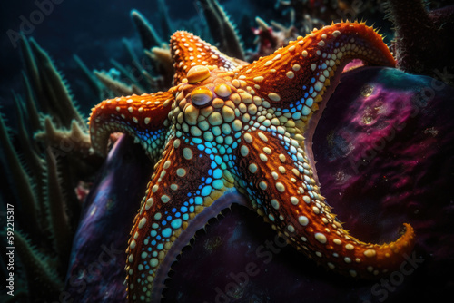 Sea star in a reef colorful underwater landscape background. Star fish in tropical seashore. Generative AI