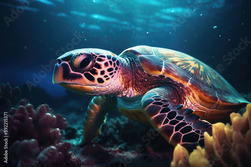 A turtle swimming at the bottom of the sea. Coral reef and fish. Generative AI