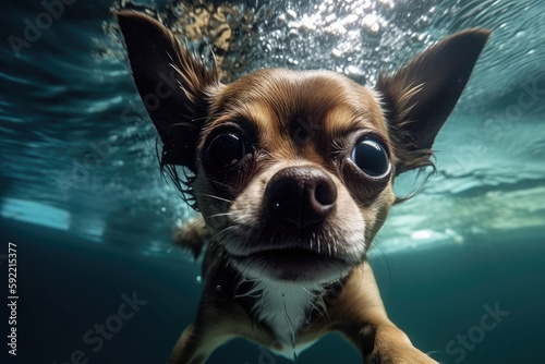 Underwater funny photo of a chihuahua, dive deep down. Summer vacation with pet. Closeup underwater photo of a dog. Generative AI illustration © barmaleeva