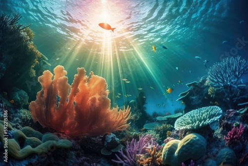 Animals of the underwater world with sun rays. Coral reef and fish. Generative AI