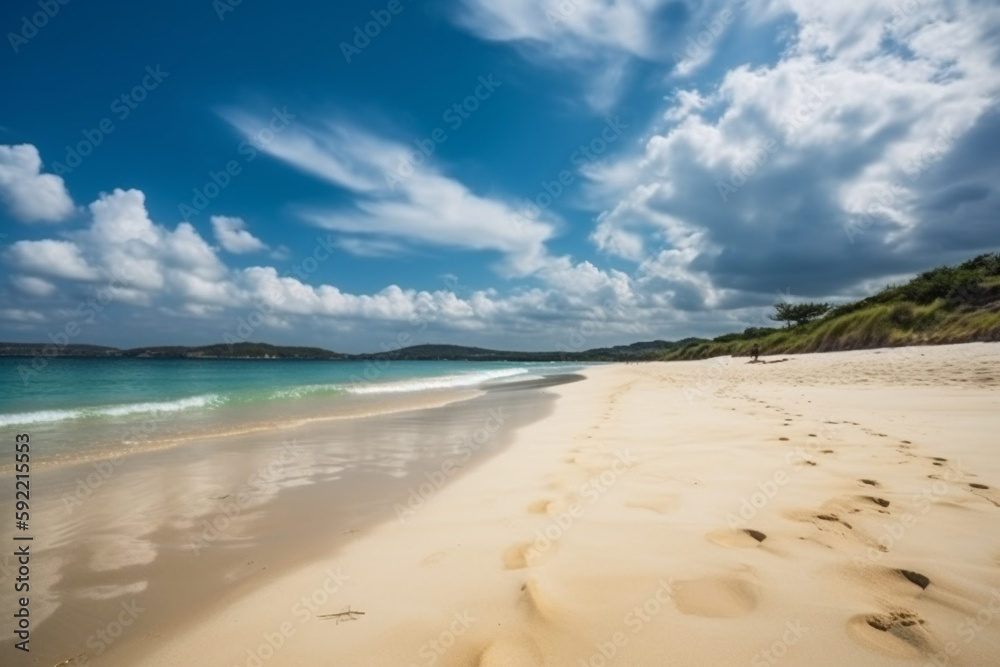 Tropical beach with blue sky and white clouds, perfect for vacation and travel, generative AI
