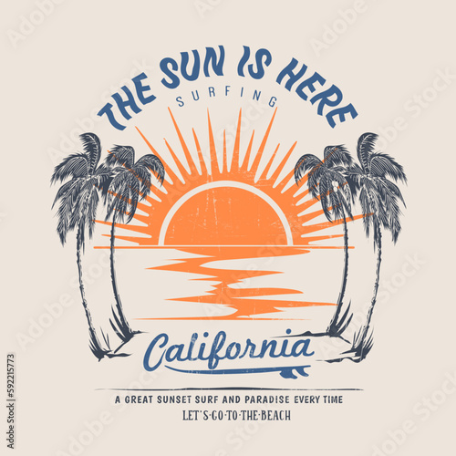 vector palm tree california sunset beach, Retro college varsity typography california slogan print, vector illustration, for t-shirt graphic.