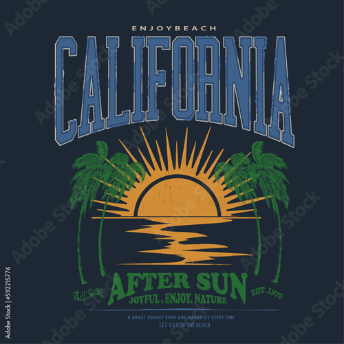 california sunset beach, Retro college varsity typography california slogan print, vector illustration, for t-shirt graphic.