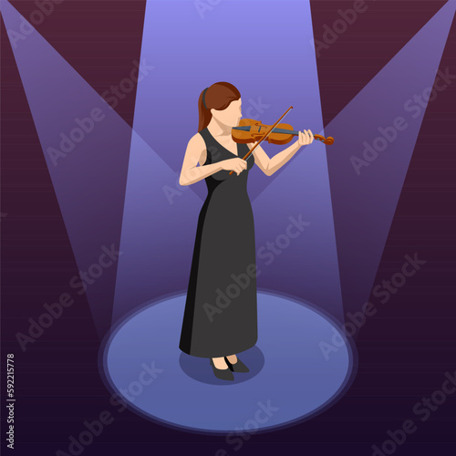 Isometric violinist. Woman playing the violin. Classical stringed musical instrument. Brown violin and bow