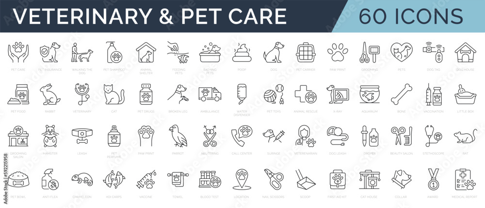 Set of 60 line icons related to pet, care, veterinary, vet, healthcare. Outline icon collection. Linear animals symbols. Editable stroke. Vector illustration