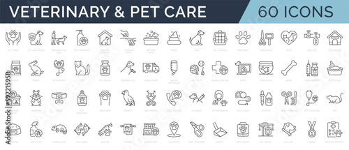 Fototapeta Naklejka Na Ścianę i Meble -  Set of 60 line icons related to pet, care, veterinary, vet, healthcare. Outline icon collection. Linear animals symbols. Editable stroke. Vector illustration