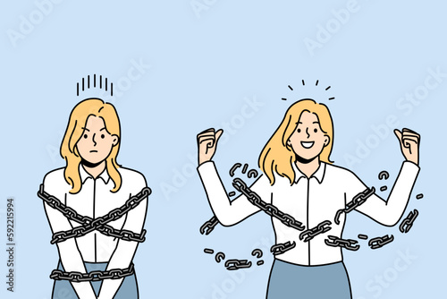 Smiling confident businesswoman break chain free from work slavery. Happy female get freedom from chain or burden. Vector illustration. 