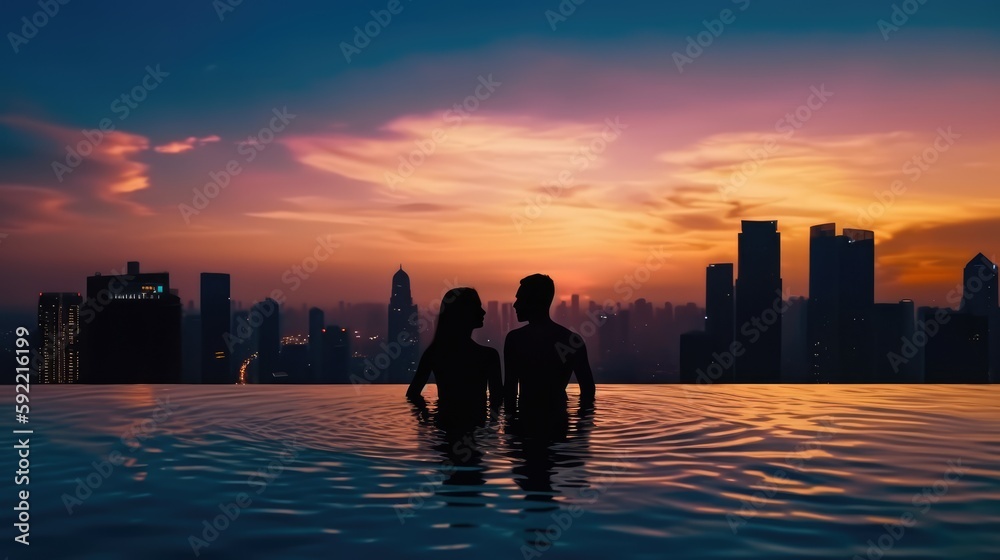 Couple enjoying the view from a infinity pool in the sunset, made with generative ai