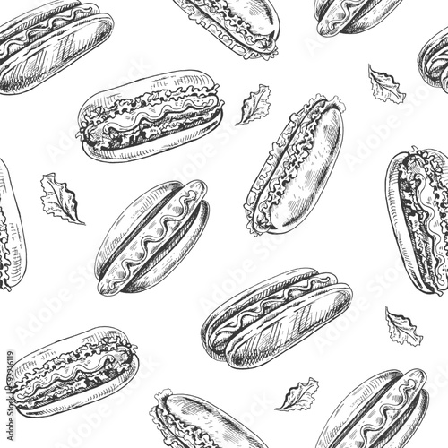 Vector vintage fast food seamless pattern. Hand drawn monochrome junk food illustration with hot dogs and greenery. Great for menu, poster or restaurant background.