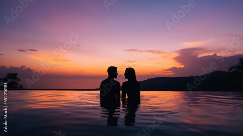 Couple enjoying the view from a infinity pool in the sunset, made with generative ai © Interstellar