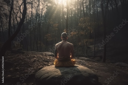 A person meditatin in the forest, made with generative ai