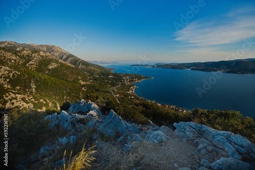 Fototapeta Naklejka Na Ścianę i Meble -  View from the viewpoint on the Peljesac peninsula to the island of Korcula in southern Croatia.