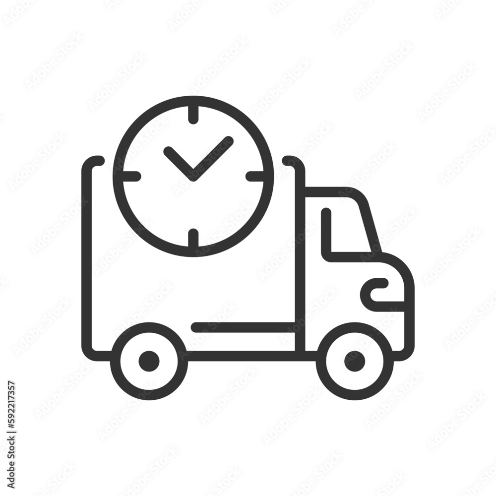 Shipping time pixel perfect linear icon. Delivery service information. Online shopping. Thin line illustration. Contour symbol. Vector outline drawing. Editable stroke. Arial font used Shipping time pixel perfect linear icon. Delivery service information. Online shopping. Thin line illustration. Contour symbol. Vector outline drawing. Editable stroke. Arial font used