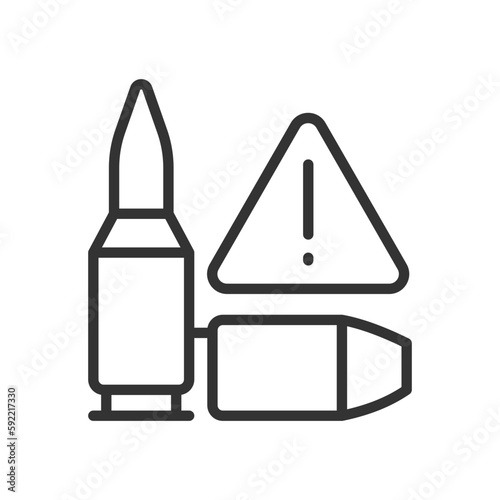 Ammunition smuggling linear icon. Gunrunning and illegal trade. Thin line customizable illustration. Contour symbol. Vector isolated outline drawing. Editable stroke. Pixel perfect. Arial font used