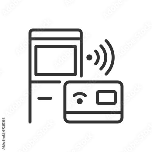 Self checkout kiosk pixel perfect linear icon. ATM stand. Smart terminal service. Internet of Things. Thin line illustration. Contour symbol. Vector outline drawing. Editable stroke. Arial font used