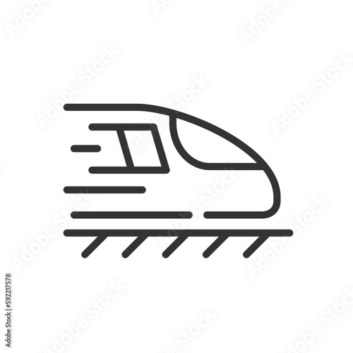Train pixel perfect linear icon. Rail road. Passenger and cargo transportation. Public transport. Thin line illustration. Contour symbol. Vector outline drawing. Editable stroke. Arial font used