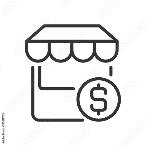 Small business pixel perfect linear icon. Micro enterprise. E commerce. Commercial property. Thin line illustration. Contour symbol. Vector outline drawing. Editable stroke. Arial font used