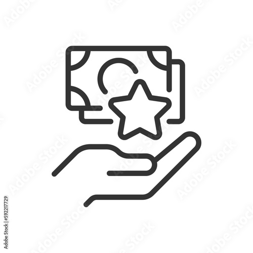 Cash bonus pixel perfect linear icon. Giving extra money. Supplemental income. Lump-sum payment. Thin line illustration. Contour symbol. Vector outline drawing. Editable stroke. Arial font used