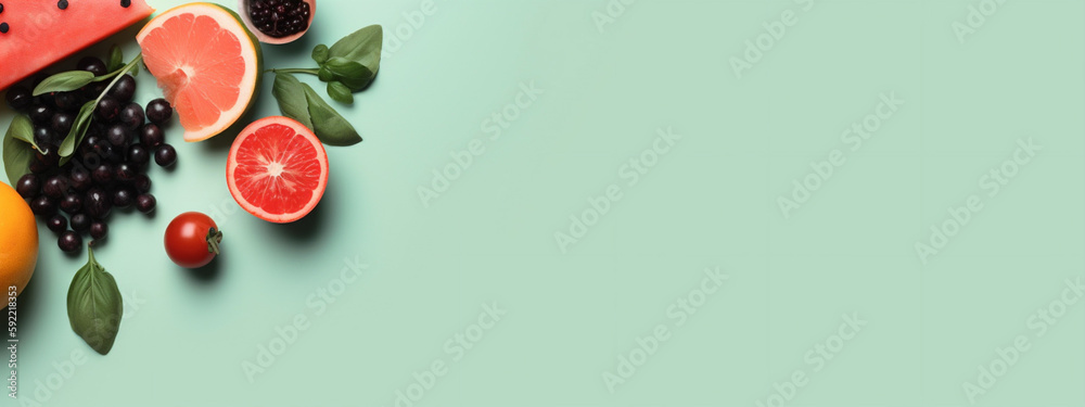 Exotic fruits, whole and slices on green background. Banner. Emty space. Hello summer or Summer mood. Copy space. Close-up. Generative Ai content. Exotic fruits, whole and slices on green background. Banner. Emty space. Hello summer or Summer mood. Copy space. Close-up. Generative Ai content.